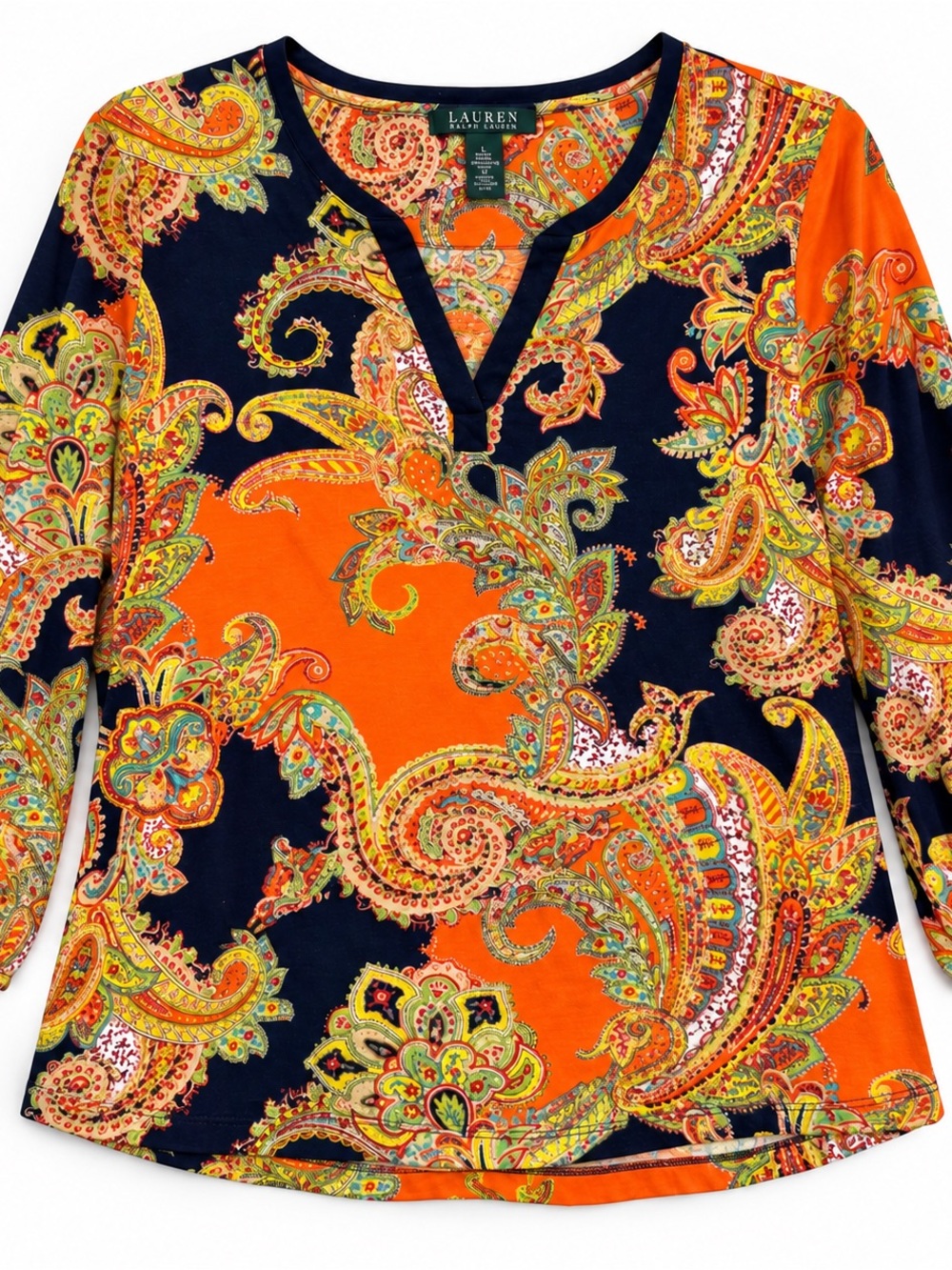 Lauren Ralph Lauren Paisley V-Neck 3/4 Sleeve Knit Top Size L - Picture 11 of 11